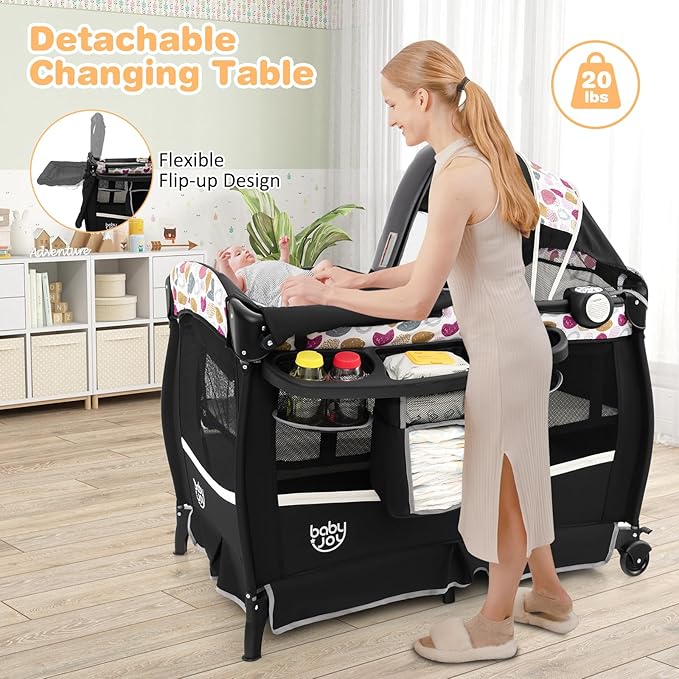 BABY JOY 4 in 1 Pack and Play, Portable Baby Playard with Bassinet & Flip-Away Changing Table, Canopy, Infant Bassinet with Storage Basket, Oxford Bag from Newborn to Toddlers (Circle)