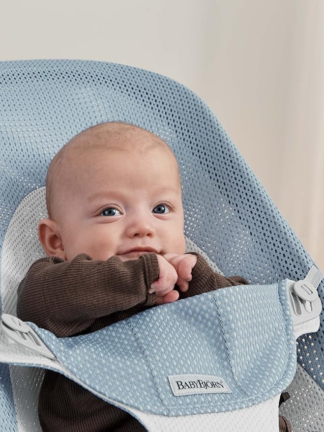 BabyBjörn Bouncer Balance Soft, Light Grey Frame, Mesh, Sky Blue/White, 2-in-1 Adjustable Baby Bouncer Seat and Toddler Chair, Newborn to Toddler (8-29 lbs), 4 Positions, Lightweight & Portable
