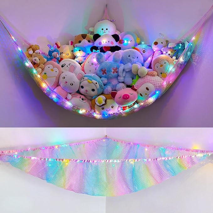 Unicorn Castle Stuffed Animals Net or Hammock Kids Toy Storage Organizer with LED Light Hanging Corner Stuffed Animals Holder Kids Girls Room Decor (Pack of 1)