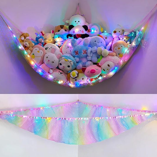 Unicorn Castle Stuffed Animals Net or Hammock Kids Toy Storage Organizer with LED Light Hanging Corner Stuffed Animals Holder Kids Girls Room Decor (Pack of 1)