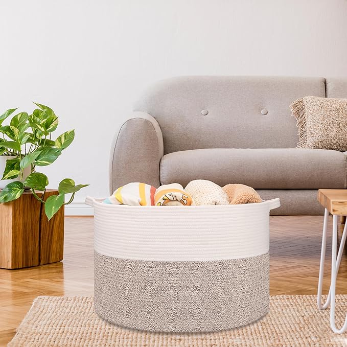 Extra Large Blanket Basket 87L, Laundry Hamper, Baby Nursery Hamper for Storage Toys Clothes Towels, Large Cotton Rope Laundry Basket for Girls Boys, 22”x 14”, White & Brown
