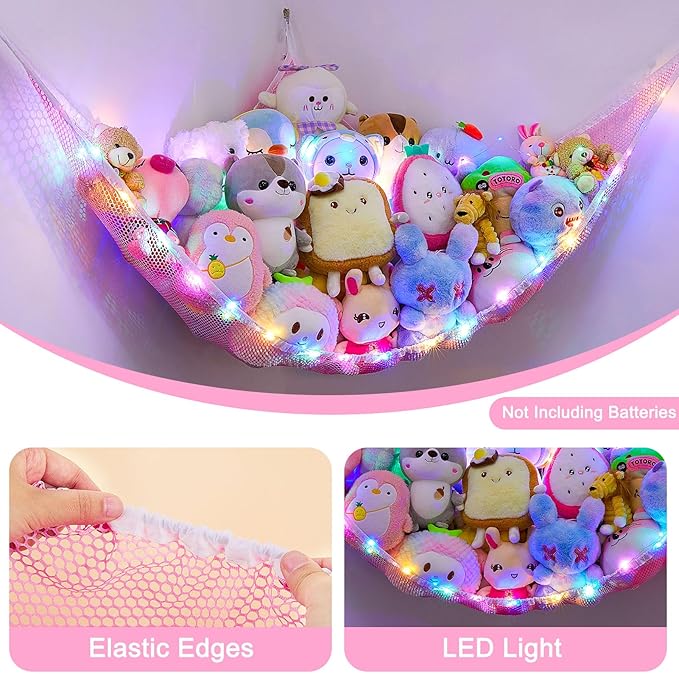 Unicorn Castle Stuffed Animals Net or Hammock Kids Toy Storage Organizer with LED Light Hanging Corner Stuffed Animals Holder Kids Girls Room Decor (Pack of 1)