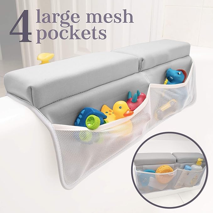 Premium Bath Kneeler, Baby Bath Kneeler and Elbow Rest Pad Set, Kneeling Pad for Bathing Baby, Knee Pads for Bathing Babies, Large Knee Pads (22 Inch × 13 Inch) with 4 Mesh Pockets (Large, Gray)