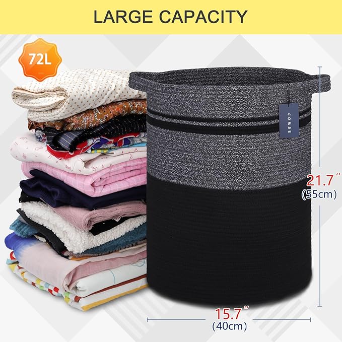 COMSE Extra Large Blanket Basket, Tall Laundry Basket, Nursery Hamper, 15.7”x 21.7”, Cotton Rope Woven Laundry Hamper for Storage Toys Clothes Towels, Black