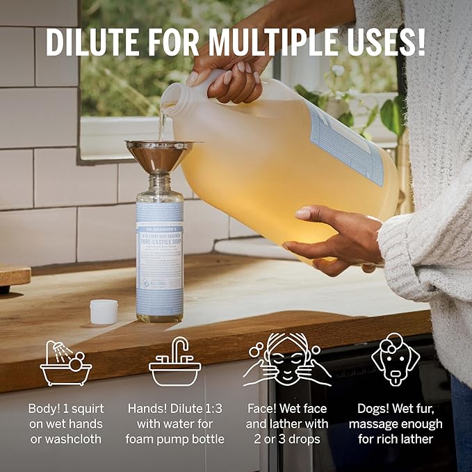 Dr. Bronner's Pure-Castile Magic Soap Liquid (Baby Unscented, 1 Gallon) – Made with Regenerative Organic Certified Oils- For Sensitive Skin, Babies, Face, Hair, Laundry, Dishes, Hand Soap & Body Wash