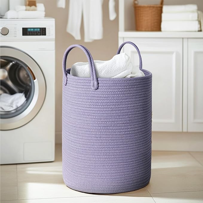 Purple Woven Laundry Basket, 15"x18" Large Cotton Rope Storage Basket for Blankets Pillows Toys, Decorative Baby Nursery Clothes Hamper for Living Room Bedroom, Kids Tall Luandry Hamper