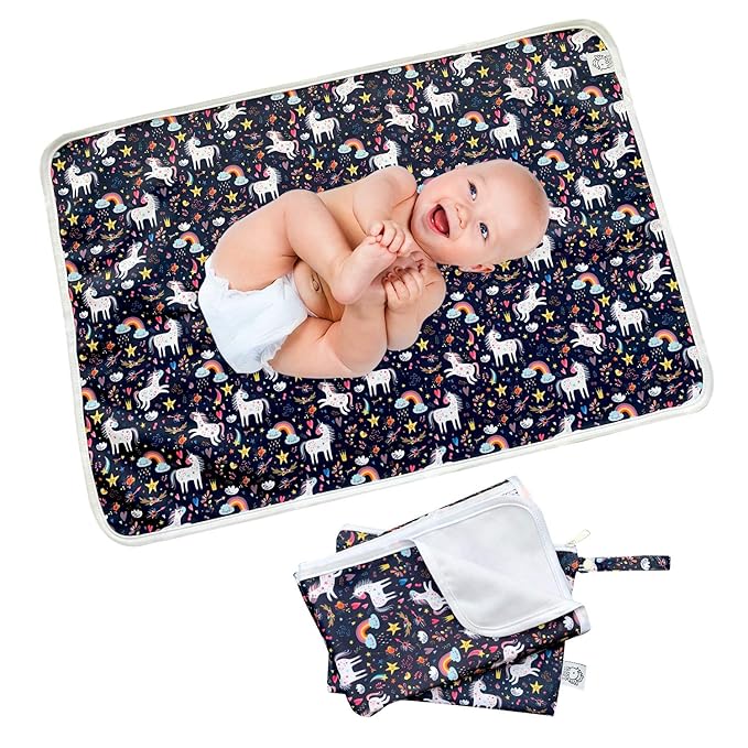 Flockthree Waterproof Baby Changing Pad with Storage Bag (43.3" X 28.7") Washable Wipeable Reusable Leak Proof Diaper Travel Mat Station Changing Mattress Liner Cribs Bed Cover, Unicorns