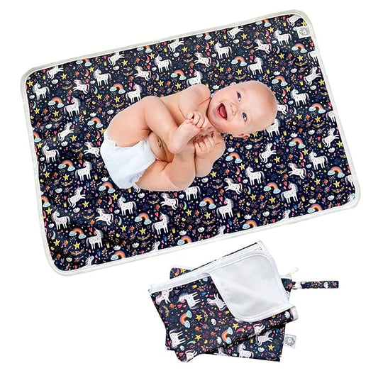 Flockthree Waterproof Baby Changing Pad with Storage Bag (43.3" X 28.7") Washable Wipeable Reusable Leak Proof Diaper Travel Mat Station Changing Mattress Liner Cribs Bed Cover, Unicorns