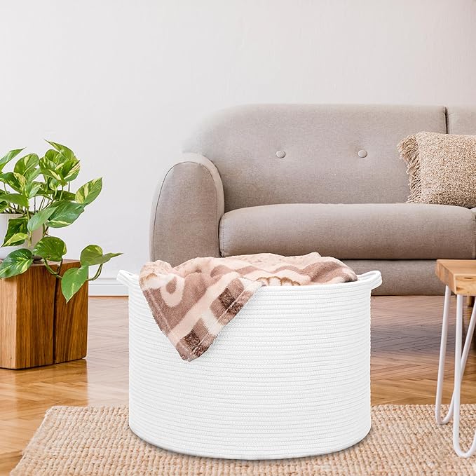 Extra Large Blanket Basket 87L, Laundry Hamper, Baby Nursery Hamper for Storage Toys Clothes Towels, Large Cotton Rope Laundry Basket for Girls Boys, 22”x 14”, White