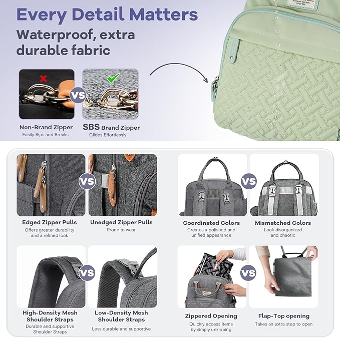 RUVALINO Diaper Bag Backpack, Multifunction Travel Pack Maternity Baby Changing Bags, Large Capacity, Waterproof, Light Green