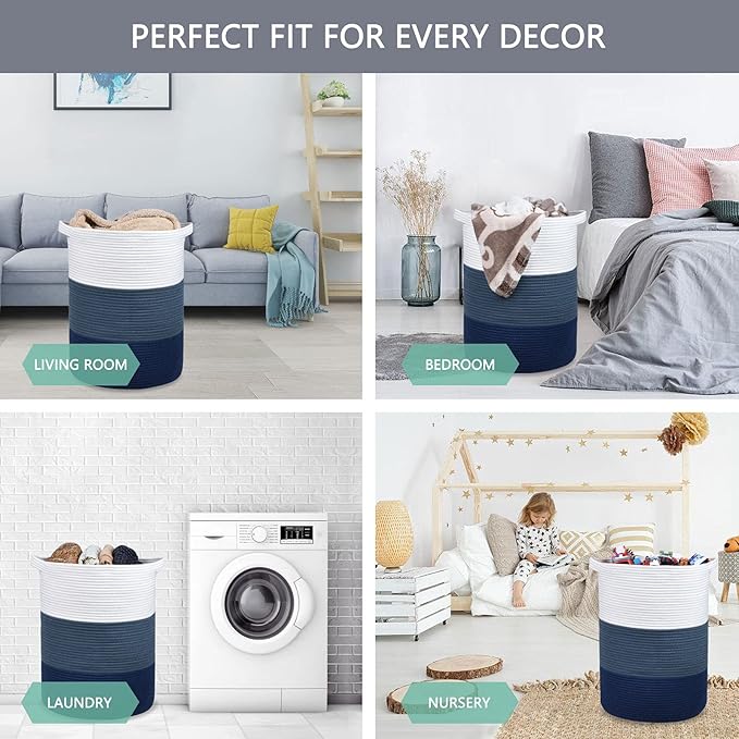 Large Blanket Basket, Nursery Hamper, Tall Laundry Basket 72L, Cotton Rope Woven Laundry Hamper for Storage Toys Clothes Towels, 16”x 22”, White & Cadet Blue & Navy Blue