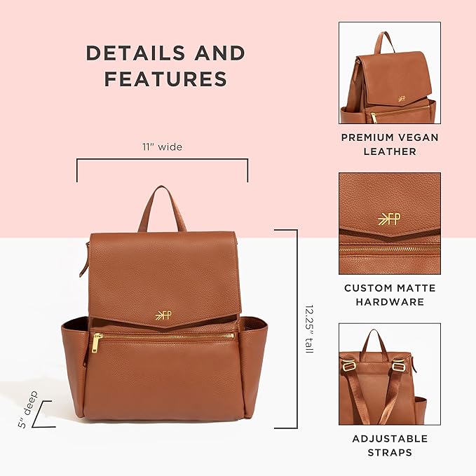 Freshly Picked Mini Classic Diaper Bag Backpack, Wipeable Vegan Leather, 8 Pockets Total (Cognac)