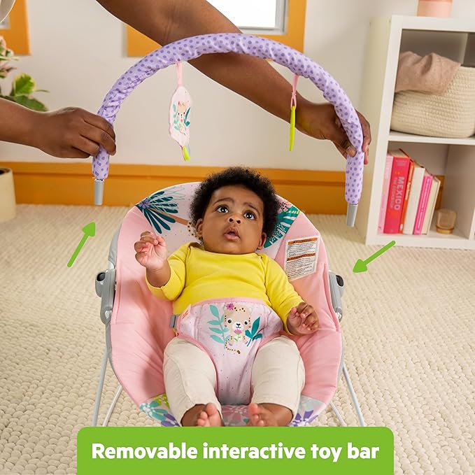 Bright Starts Pink Vibrating Baby Bouncer, Removable Toy Bar with 2 Toys, Nonslip Feet, 0-6 Months Up to 20 lbs (Wildflower Wonders)