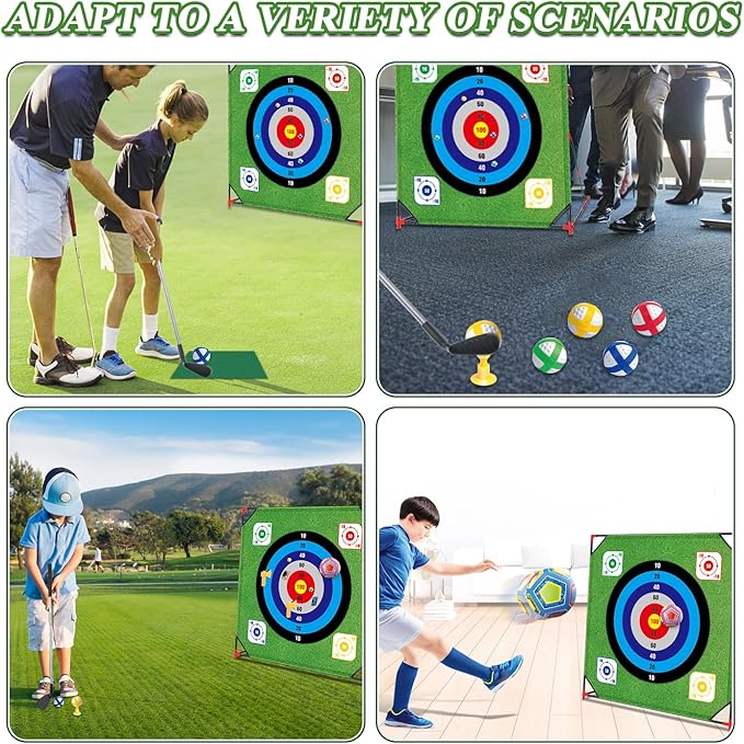Mostop Golf Chipping Game with Stand - Golf Target Battle Game with Putting Mat, 12 Sticky Balls, 6 Axes, 2 Soccer Balls, 8 Bean Bags, Outdoor Golf Yard Game for Chipping Practice for Dads Golfers
