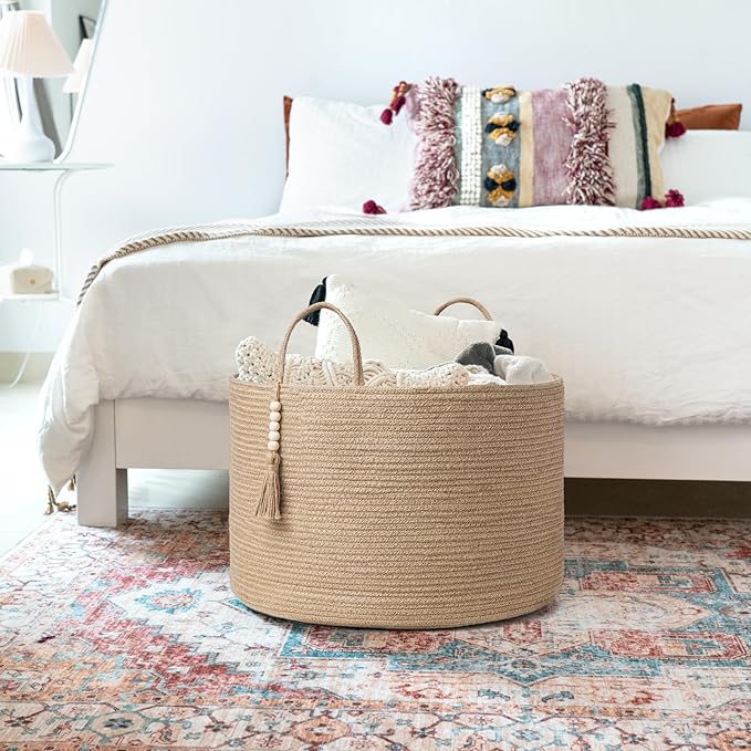 Mkono Extra Large Laundry Basket Woven Storage Baskets for Blankets Toys Clothes Organizer, Decorative Clothes Hamper 21.7" x 13.8"