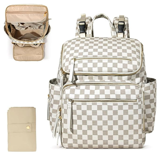 Checkered Diaper Bag Backpack Large Baby Diaper Bag Leather with 17 Diaper Bag Organizing Pouches,Changing Pad,Stroller Straps,4 Insulated Pockets,Beige&Honey