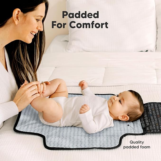 KeaBabies Portable Diaper Changing Pad - Large Waterproof Baby Changing Mat, Compact Travel Diaper Clutch, Functional Pockets Fit Newborn Essentials, Wipeable & Padded Baby Changer (Pixel)