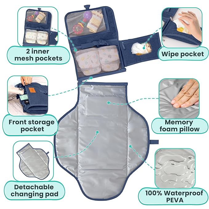 Portable Changing Pad for Baby, Travel Diaper Changing Pad for Newborn, Large Waterproof Baby Changing Mat, Foldable & Detachable Diaper Changing Station with Baby Wipes Pockets Baby Stuff by Pillani