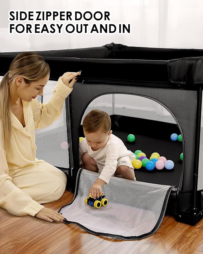 Foldable Baby Playpen with Non-Removable Thick Mat, Extra Large Collapsible Play Yard for Babies & Toddlers, Portable Travel Playpen with Gate, Safe Activity Center (51"×51" Black)