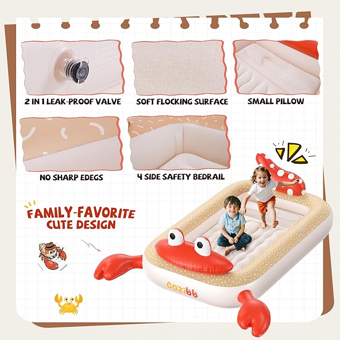 CoziBB Inflatable Toddler Travel Bed, Portable Travel Bed with Flocked Mattress, Built-in Pillow & Carry Bag, 4 Side Safety Bumpers for Toddlers-Hermit Crab