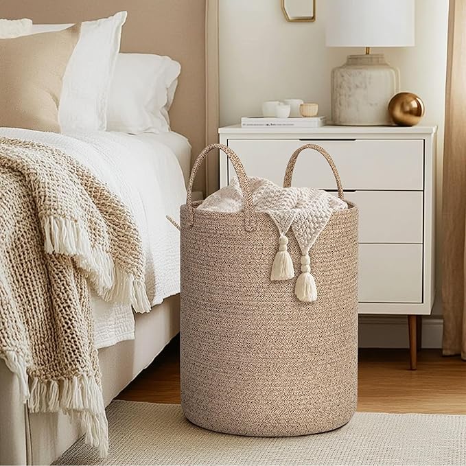 Large Woven Laundry Basket, 15"x18" Tall Blanket Storage for Living Room, Cute Nursery Kids Baby Laundry Hamper, Wicker Hamper for Bedroom Aesthetic, Cotton Rope Dirty Clothes Decor Basket