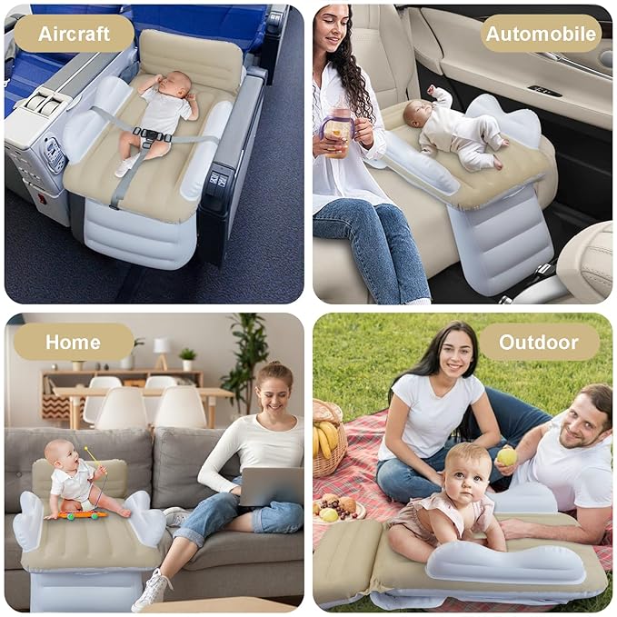 Inflatable-Toddler-Travel-Bed for Airplane Car Seat Portable Foldable Infant Travel Bed Baby Travel Crib with Sides,Hand Pump Safety Belt and Carry Bag Sets (Beige)