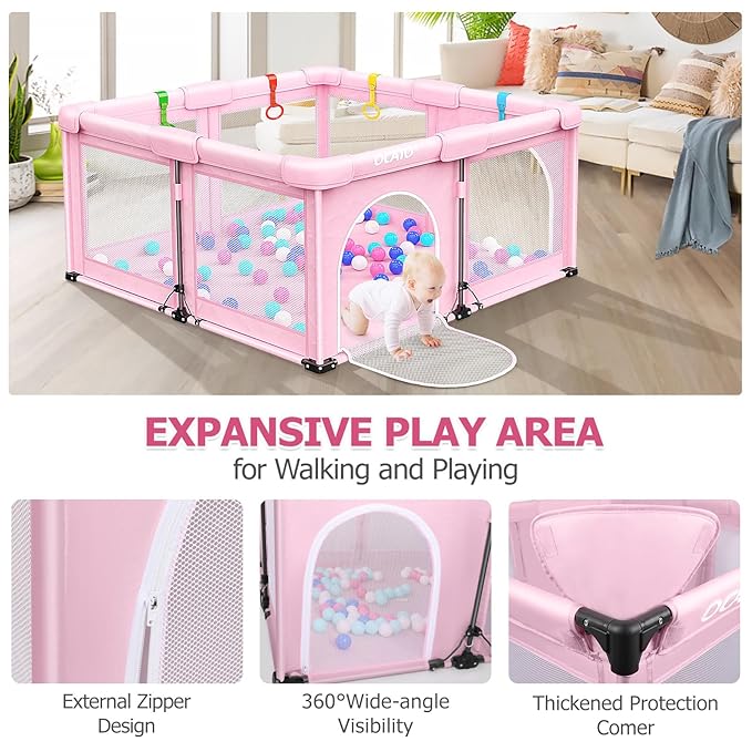 OCATO Baby Playpen: Foldable Playpen for Babies and Toddlers Large Play Pen Portable Playpen Fence Indoor Outdoor Kids Safety Area Travel Play Yard with 4 Handlers 50 Balls Baby Girl Gifts (50" × 50")