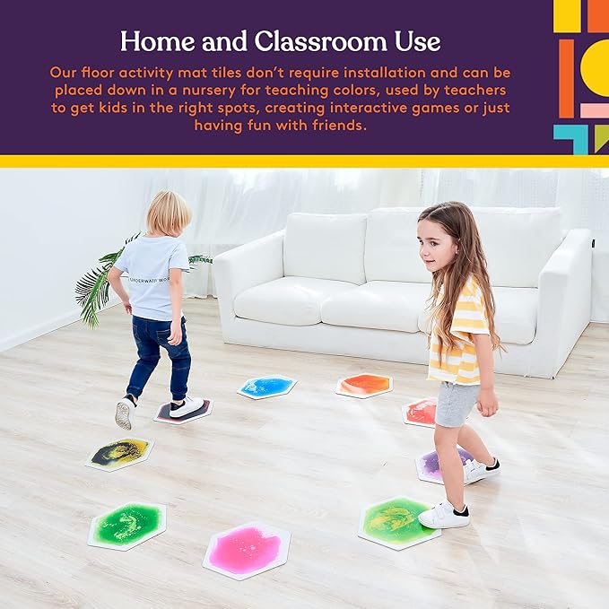 Special Supplies Hexagon Floor Liquid Tiles for Kids, Set of 9, Colorful Early Learning Activity Mats for Toddlers and Children, Anti-Slip Backing for Active Play, Dance, and Games