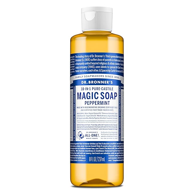 Dr. Bronner's Pure-Castile Magic Liquid Soap (Peppermint, 8 Ounce)- Made with Organic Oils, 18-in1 Uses: Face, Hair, Hand & Body Soap, Laundry, Pets- Concentrated, Vegan, Non-GMO