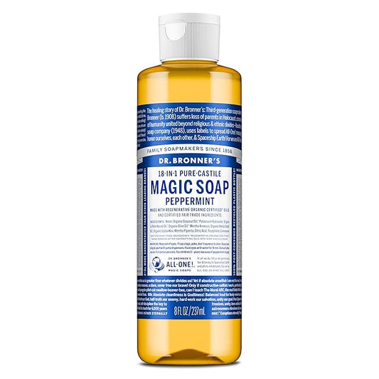 Dr. Bronner's Pure-Castile Magic Liquid Soap (Peppermint, 8 Ounce)- Made with Organic Oils, 18-in1 Uses: Face, Hair, Hand & Body Soap, Laundry, Pets- Concentrated, Vegan, Non-GMO