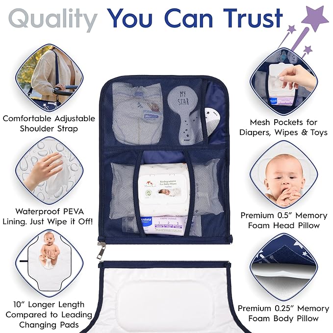 Nasteri Baby Gear Extra Large Portable Baby Changing Pad with Memory Foam Pillow & Insulated Bottle Bag - Waterproof Portable Changing Station for Girls & Boys - Navy