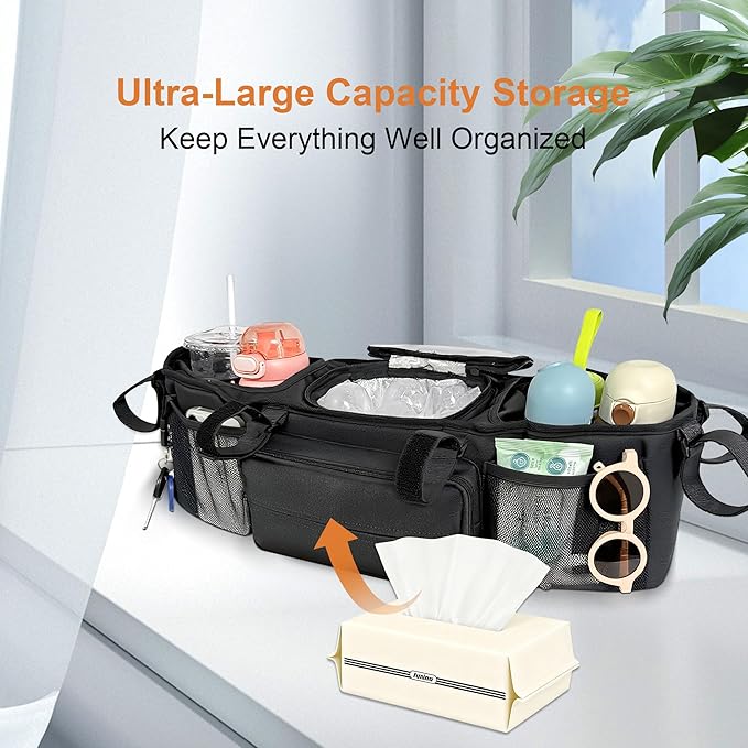 Double Stroller Organizer for Bob Duallie and Baby Jogger City Mini GT2, Double Jogging Stroller Caddy with 2 Insulated Cooler Pockets & Detachable Bag