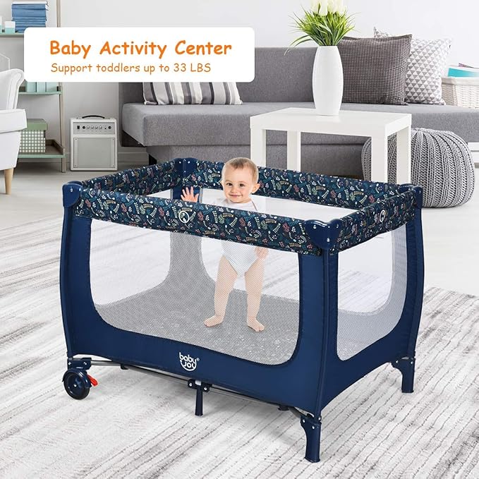 BABY JOY Portable Playard with Bassinet, Double Layer Foldable Baby Playpen with Breathable Mattress, Lightweight Easy Set up Baby Crib with Carry Bag, Foldable Travel Crib from Newborn to Toddlers