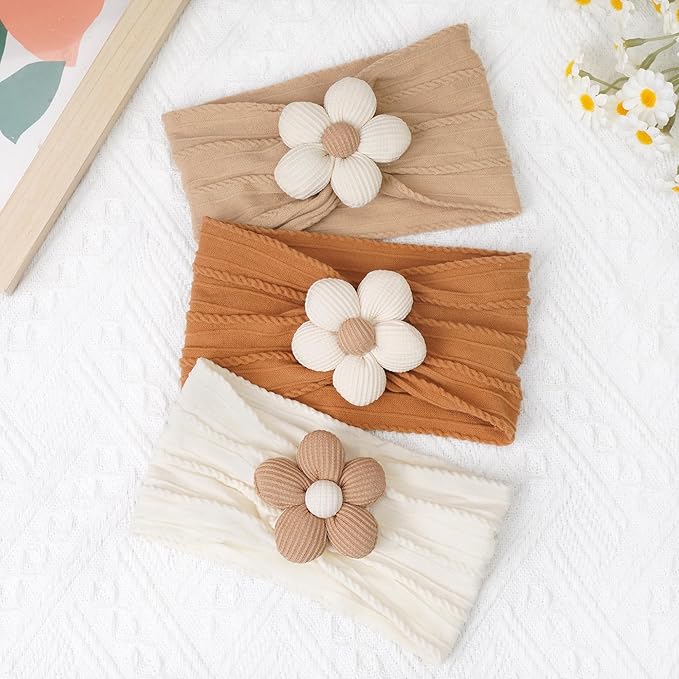 CÉLLOT 3 Pcs Baby Flower Headbands Baby Girls Nylon Headbands Soft Stretchy Headwear Hair Accessories for Newborn Infant Toddler Kids (Beige Ginger Khaki)