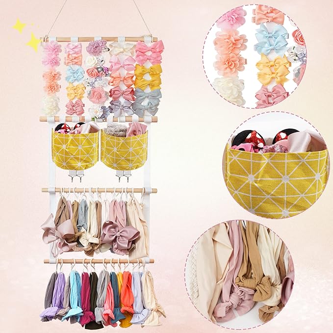 kangaroo Hairband Organizer for Baby Girls, Large Capacity Bow Holder Hair Accessories Wall Hanging Organizer with 20 S-hooks and 2 Pockets, Yellow