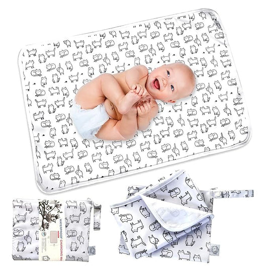Flock Three Waterproof Baby Diaper Changing Pad with Storage Bag (28.7" X 19.7") Washable Wipeable Reusable Leak Proof Diaper Travel Mat Station Changing Mattress Liner Cribs Bed Cover, Cats
