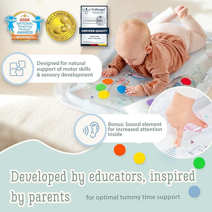 Premium Water Play Mat XXL – Award-Winning Inflatable Tummy Time Water Mat – Sensory & Motor Development Designed by Professional Educators – Certified 100% Baby-Safe Materials
