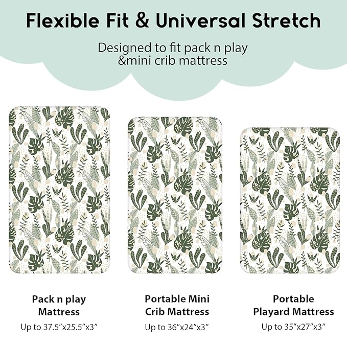 Yoofoss Pack and Play Sheets Fitted, Mini Crib Sheets 2-Pack for Pack N Play Mattress, Stretchy Playard Sheet, Soft and Breathable (Green + Banana Leaves)