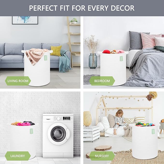 Large Laundry Hamper for Girls Boys Kids 72L, Nursery Hamper, Tall Laundry Basket, Cotton Rope Woven Blanket Basket for Storage Toys Clothes Towels, 16”x 22”, White