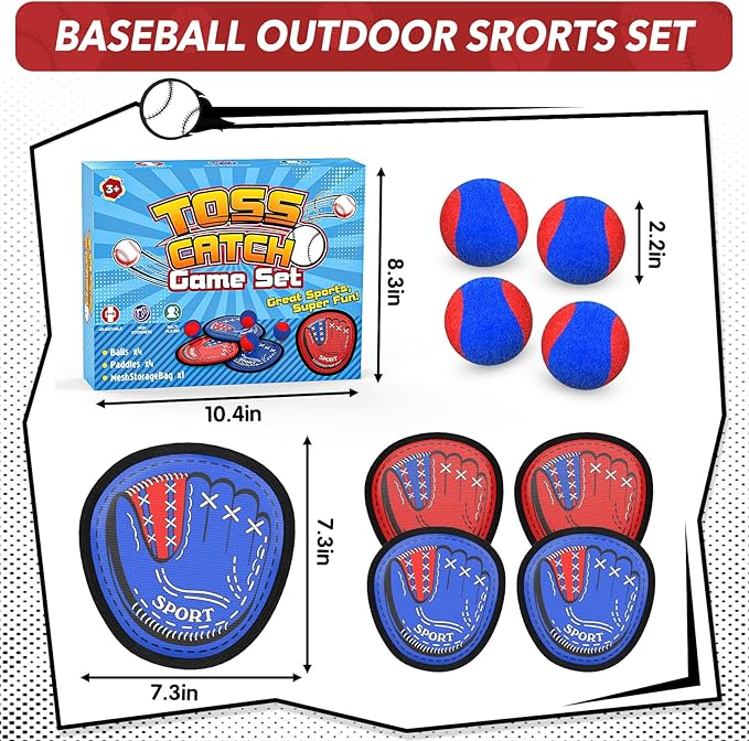 Toss and Catch Ball Set, Kids Toddler Baseball Glove and Ball Toy Set, Outdoor Sporting Games, Family Beach Toys Pool Games Yard Activities Outside Play, Birthday Gift Ideas for 3-12 Year Old Kids