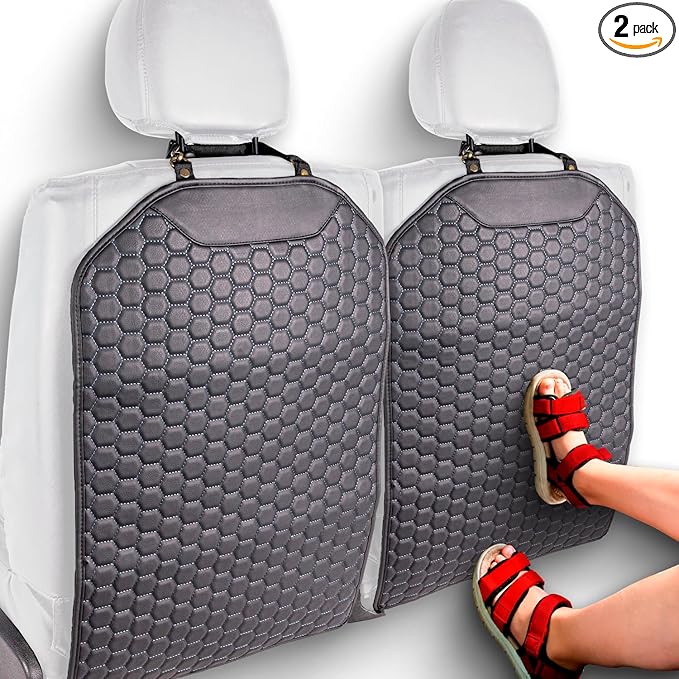 Owleys Premium Leather Car Seat Protector for Back Seat - Back Seat Cover for Kids - Car Kick Mat - Back of Seat Protector for Kids Feet Car Seat Back Protector - 2 Pcs Black