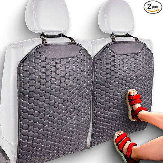 Owleys Premium Leather Car Seat Protector for Back Seat - Back Seat Cover for Kids - Car Kick Mat - Back of Seat Protector for Kids Feet Car Seat Back Protector - 2 Pcs Black