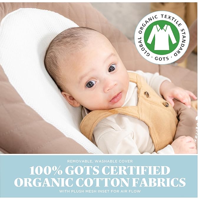 Baby Delight Aura | Deluxe Portable Rocker & Seat for Infants | Soothing Vibration & Sounds | Baby Rocker | Quilted Organic Mocha