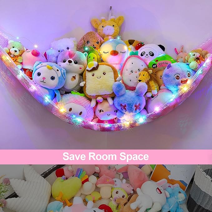Unicorn Castle Stuffed Animals Net or Hammock Kids Toy Storage Organizer with LED Light Hanging Corner Stuffed Animals Holder Kids Girls Room Decor (Pack of 1)