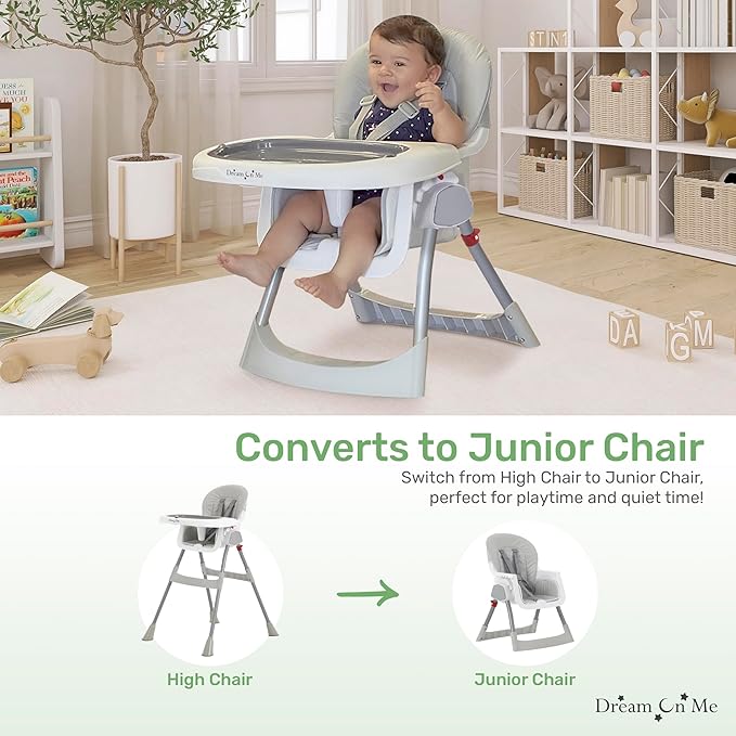 Dream On Me Portable 2-in-1 Tabletalk High Chair, Convertible Compact High Chair, Light Weight Portable Highchair, Grey