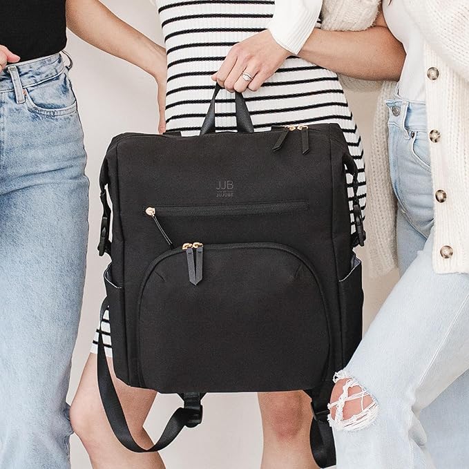 JJB by JuJuBe Modern Diaper Bag Backpack with Portable Changing Pad, Stroller Straps, Large Travel Backpack for Boy or Girl, Carrying Baby Bottles, Wipes, Diapers, Pacifiers, Black, Mother's Day Gift