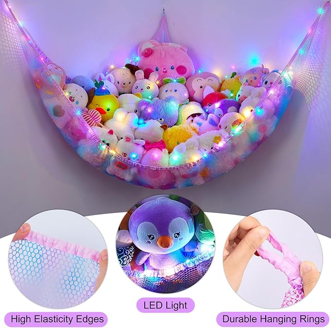Unicorn Castle Stuffed Animals Net or Hammock Kids Toy Storage Organizer with LED Light Hanging Corner Stuffed Animals Holder Kids Girls Room Decor (Pack of 1)