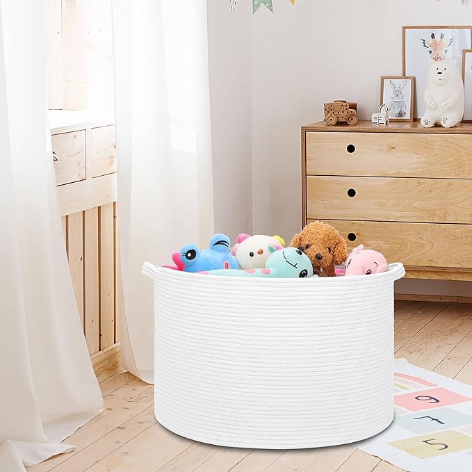 Extra Large Blanket Basket 87L, Laundry Hamper, Baby Nursery Hamper for Storage Toys Clothes Towels, Large Cotton Rope Laundry Basket for Girls Boys, 22”x 14”, White