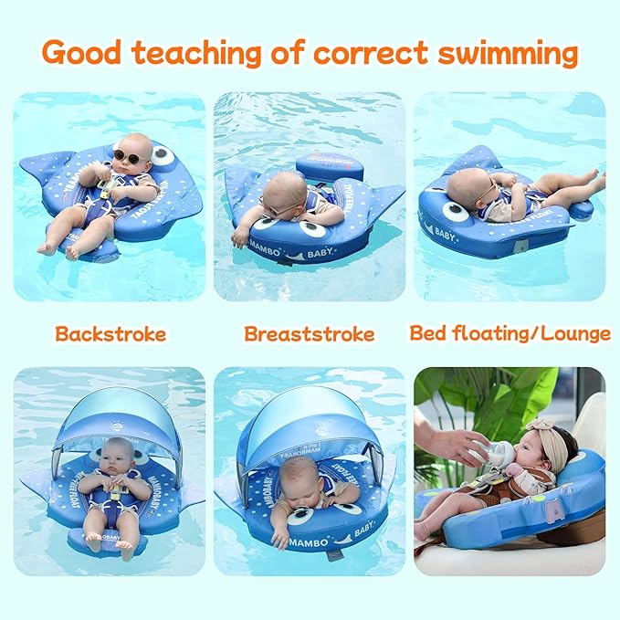 Mambobaby Float with Canopy and Tail New Upgraded Non-Inflatable Baby Pool Float Mambo Float Swim Trainer Solid Infant Swim Float Adjustable Pearl Foam Baby Swim Ring