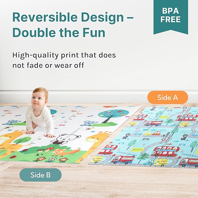 Foldable Baby Play Mat, Extra Large, Non-Toxic, Waterproof Activity Playmats for Babies, Education for Infant, Non-Slip Double Sided (79”x71” 0,4in Olive) boy and Girl